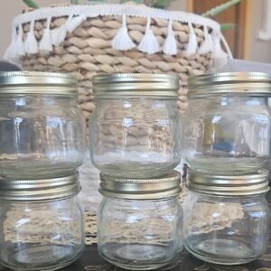 Set of Six Clear Glass Jars with Gold Lids Daisy Shape Mason Jars